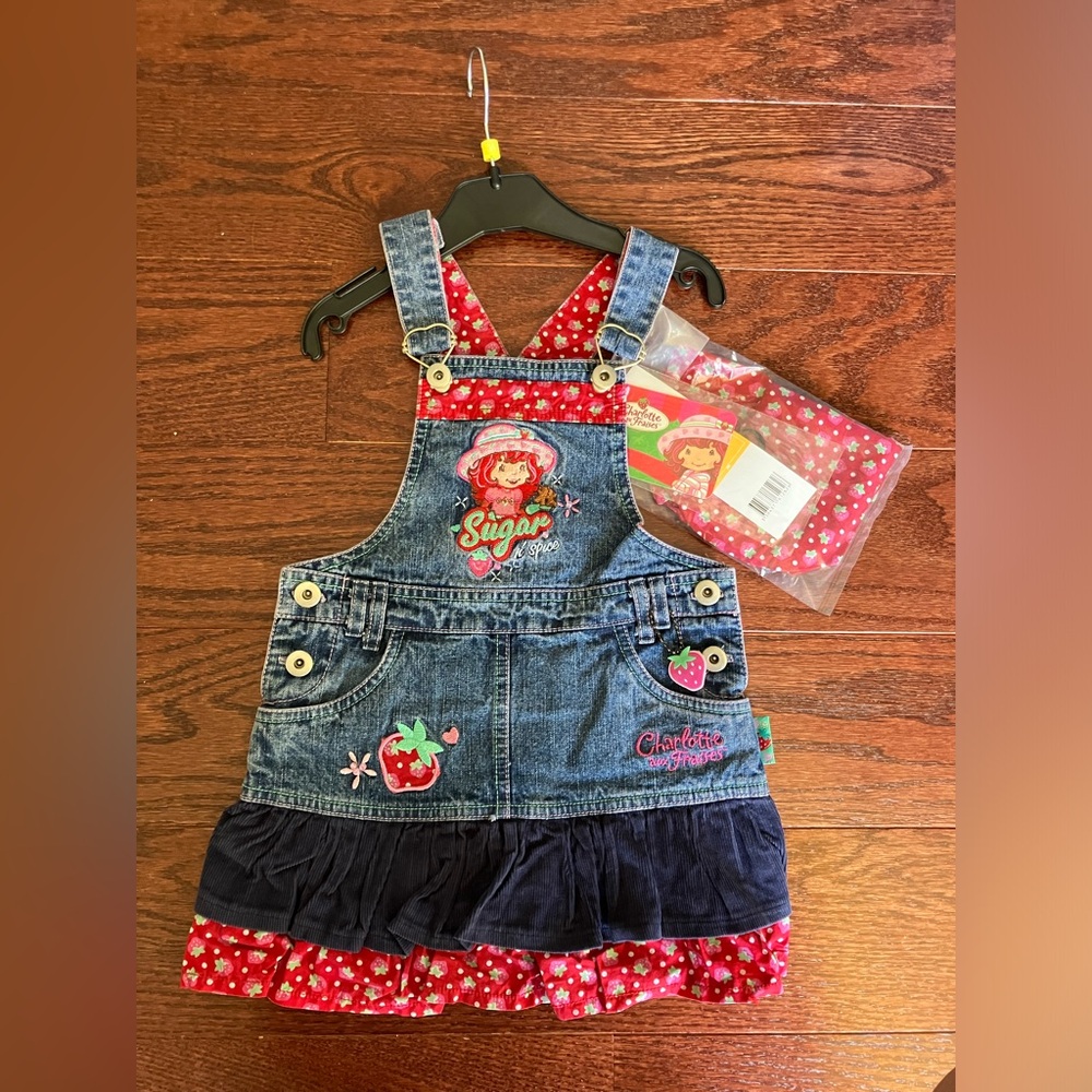 Vintage Y2K 2008 NWT Strawberry Shortcake Denim Denim Overalls Dress Toddler 3